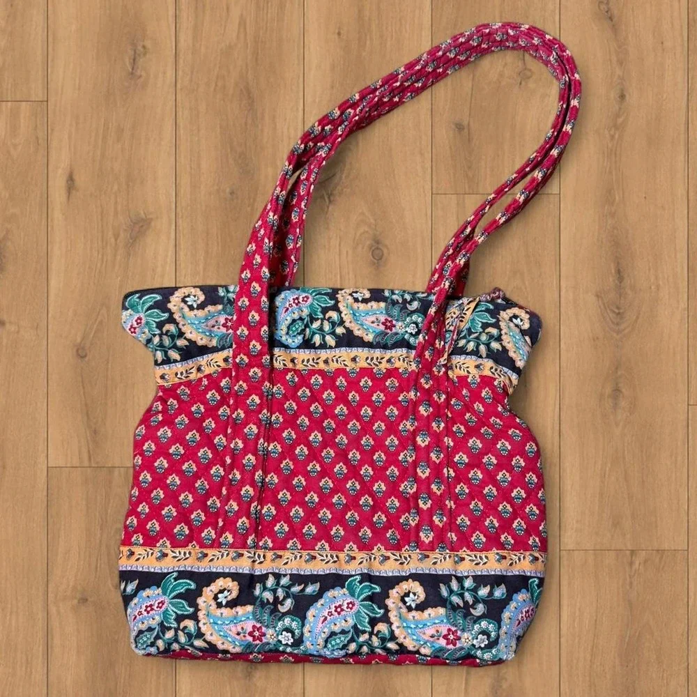 Vintage Quilted Cotton Shoulder Tote Bag Red Navy Paisley Floral Boho Y2K